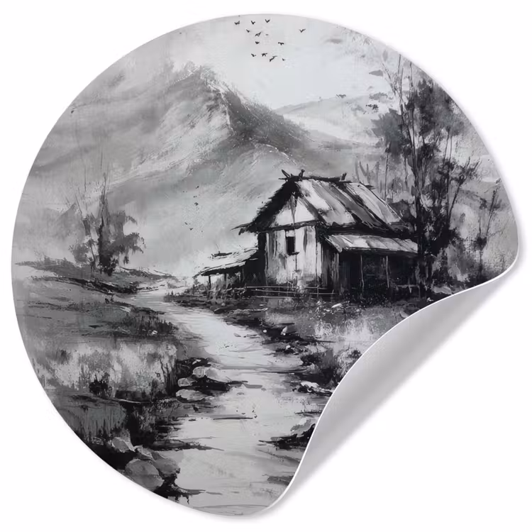 Hut - Grijs - Bergen - Mistig Wandcirkel behangsticker klein -3d