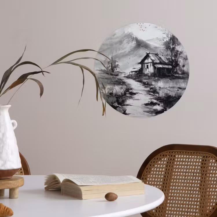 Hut - Grijs - Bergen - Mistig Wandcirkel behangsticker klein -sfeer3