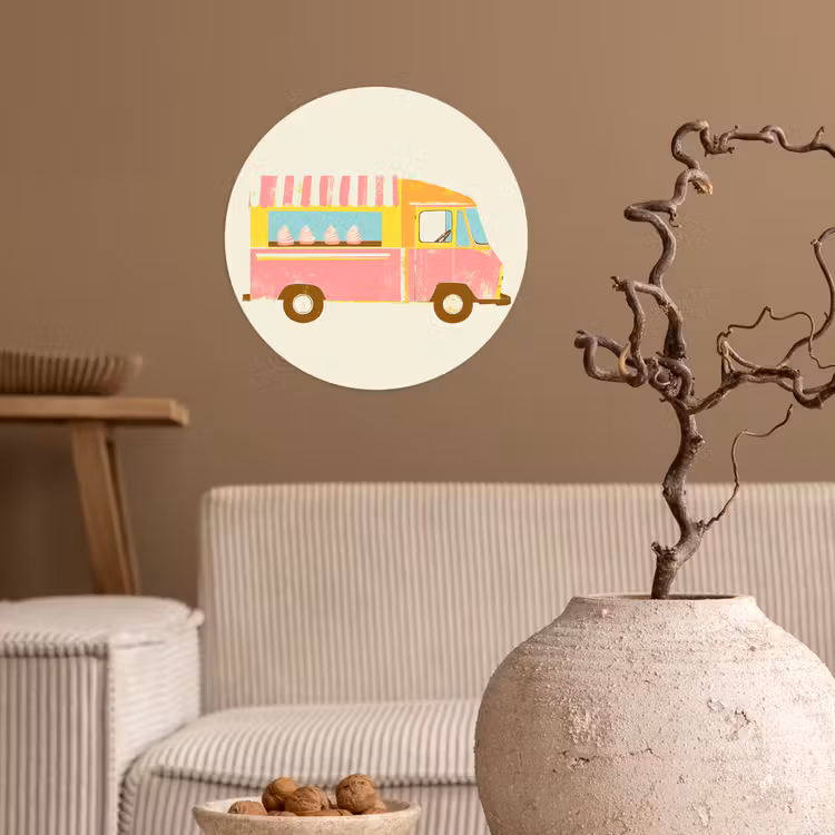 Ijskar - Retro - Softijsjes - Roze Wandcirkel behangsticker klein -sfeer1