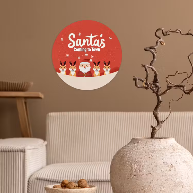Illustratie - Kerstman - Rendieren - Rood Wandcirkel behangsticker klein -sfeer1