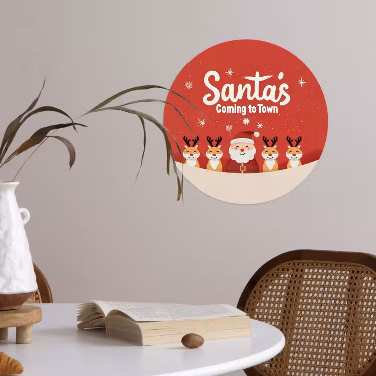 Illustratie - Kerstman - Rendieren - Rood Wandcirkel behangsticker klein -sfeer3