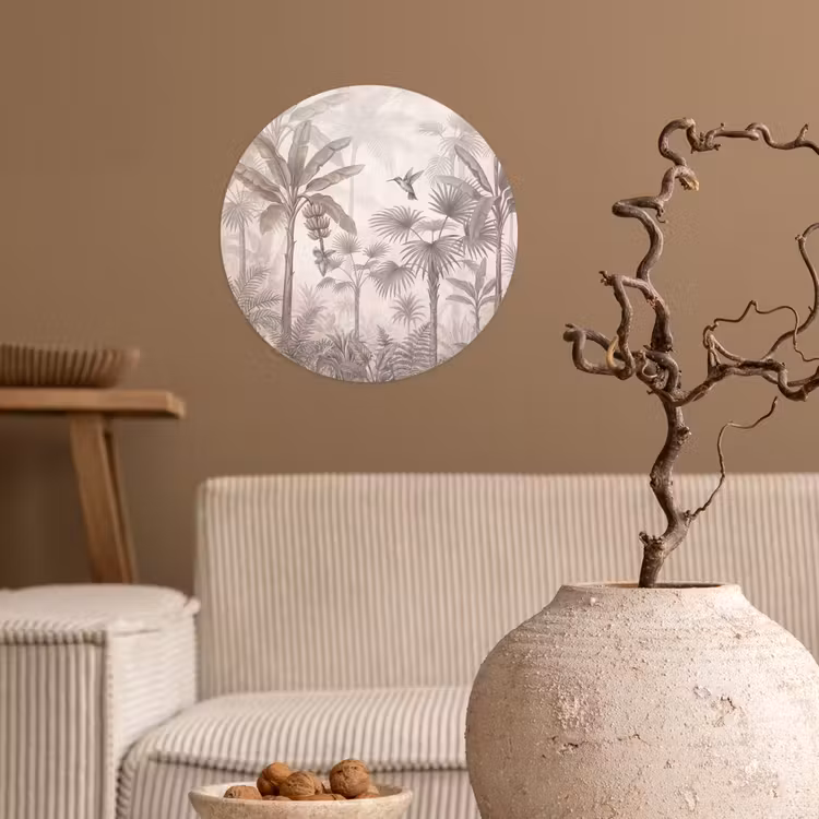 Jungle - Banenboom - Kolibrie - Beige Wandcirkel behangsticker klein -sfeer1