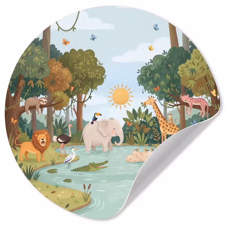 Jungle - Oase - Dieren - Kleurrijk Wandcirkel behangsticker klein -3d