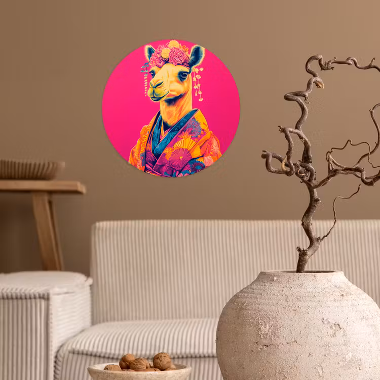Kameel - Bloemen - Kimono - Waaiers Wandcirkel behangsticker klein -sfeer1
