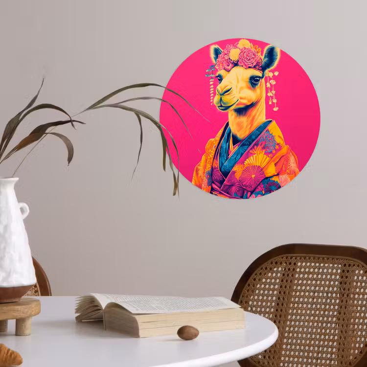 Kameel - Bloemen - Kimono - Waaiers Wandcirkel behangsticker klein -sfeer3