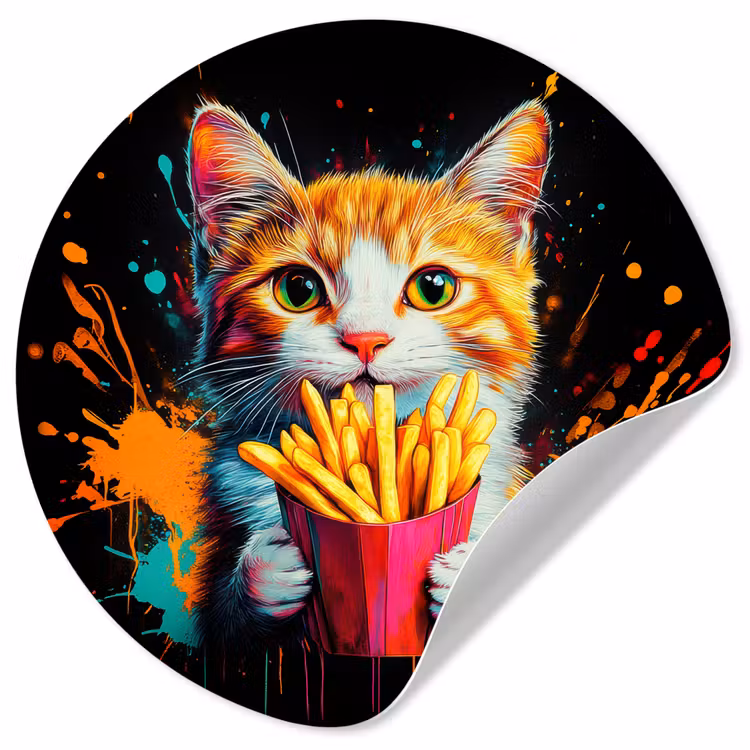 Kat - Eten - Patat - Graffiti - Abstract Wandcirkel behangsticker klein -3d