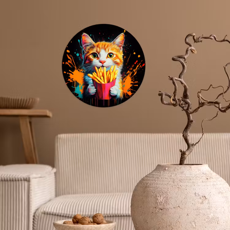 Kat - Eten - Patat - Graffiti - Abstract Wandcirkel behangsticker klein -sfeer1
