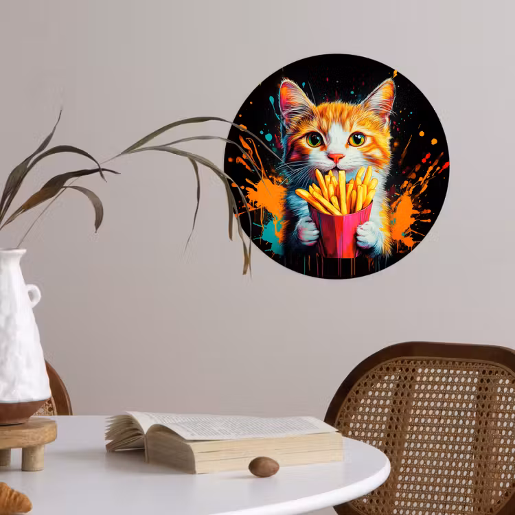 Kat - Eten - Patat - Graffiti - Abstract Wandcirkel behangsticker klein -sfeer3