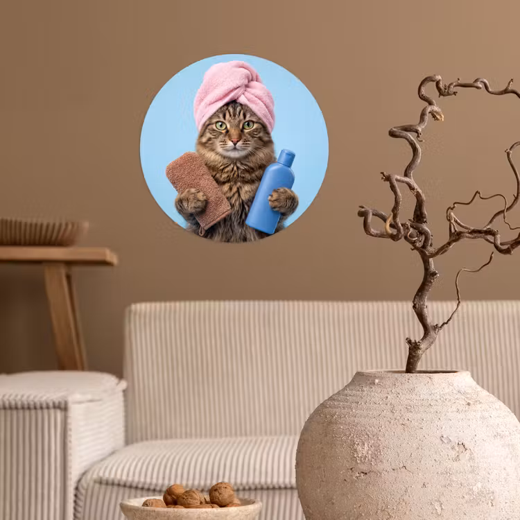 Kat - Handdoek - Washand - Zeep Wandcirkel behangsticker klein -sfeer1