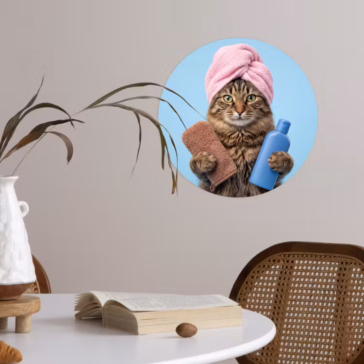 Kat - Handdoek - Washand - Zeep Wandcirkel behangsticker klein -sfeer3
