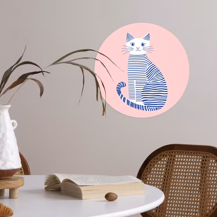Kat - Illustratie - Minimalistisch - Roze Wandcirkel behangsticker klein -sfeer3