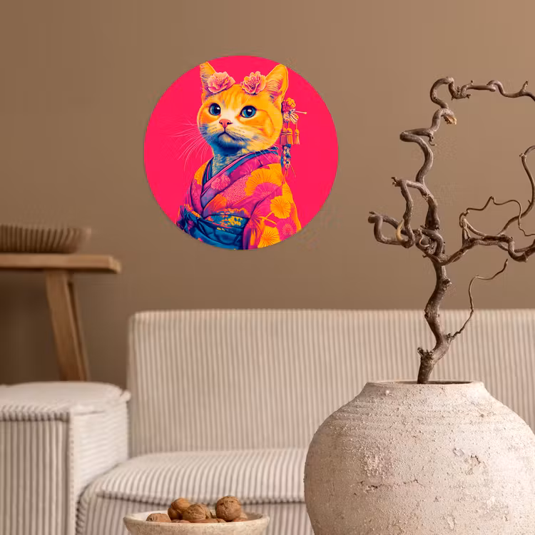 Kat - Kimono - Bloemen - Roze Wandcirkel behangsticker klein -sfeer1