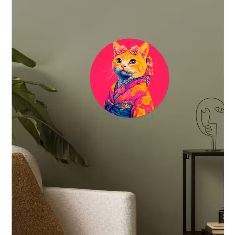 Kat - Kimono - Bloemen - Roze Wandcirkel behangsticker klein -sfeer2