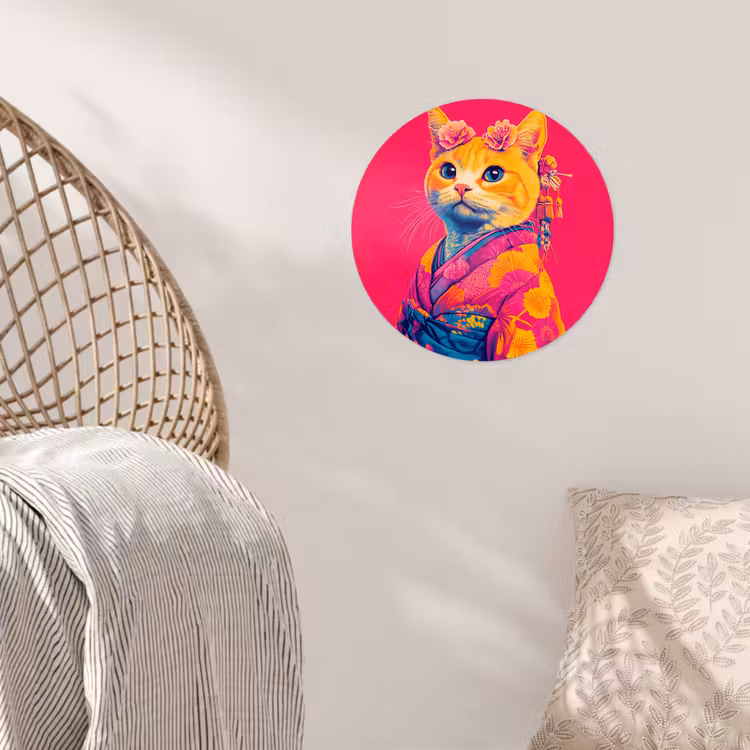 Kat - Kimono - Bloemen - Roze Wandcirkel behangsticker klein -sfeer4
