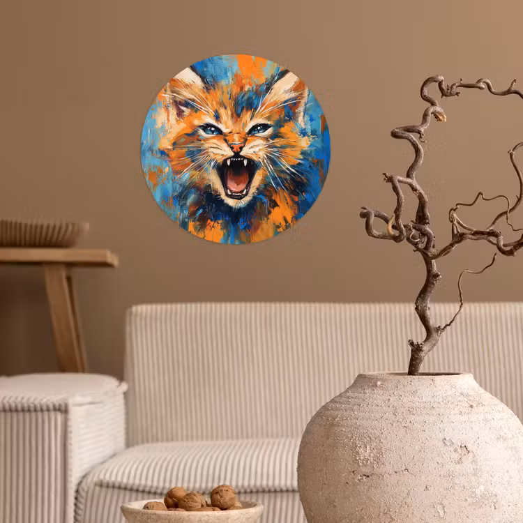 Kat - Kleurrijk - Oranje - Blauw Wandcirkel behangsticker klein -sfeer1