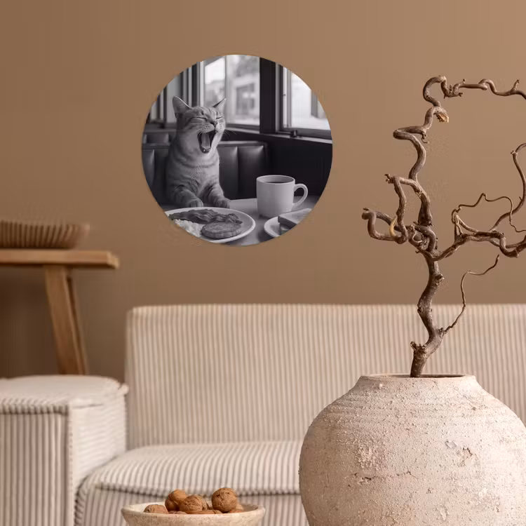 Kat - Koffie - Brood - Zwart Wandcirkel behangsticker klein -sfeer1