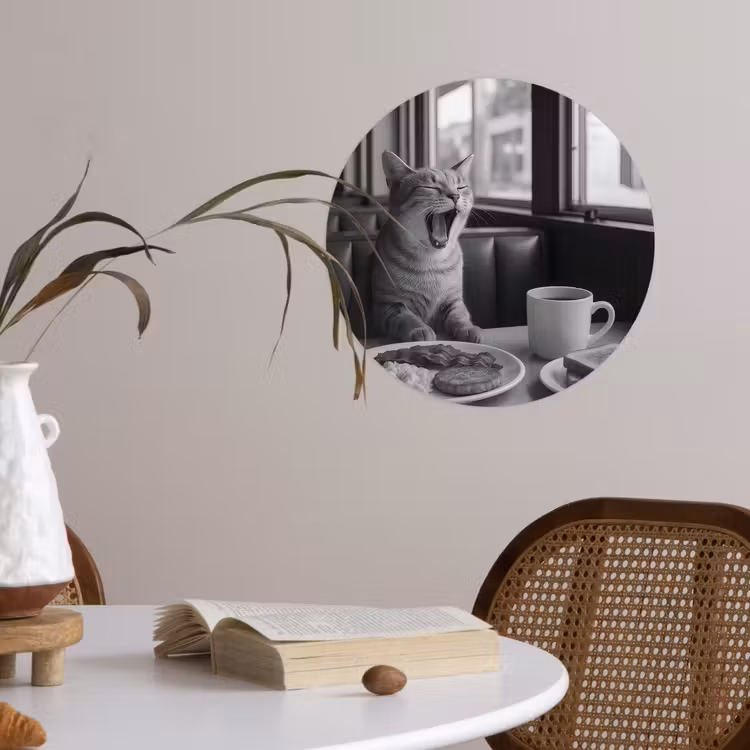 Kat - Koffie - Brood - Zwart Wandcirkel behangsticker klein -sfeer3