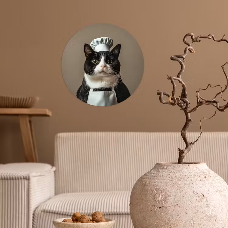 Kat - Kokskleding - Zwart - Wit Wandcirkel behangsticker klein -sfeer1