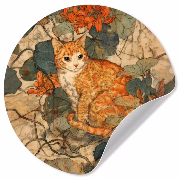 Kat - Sierlijk - Bloemen Wandcirkel behangsticker klein -3d