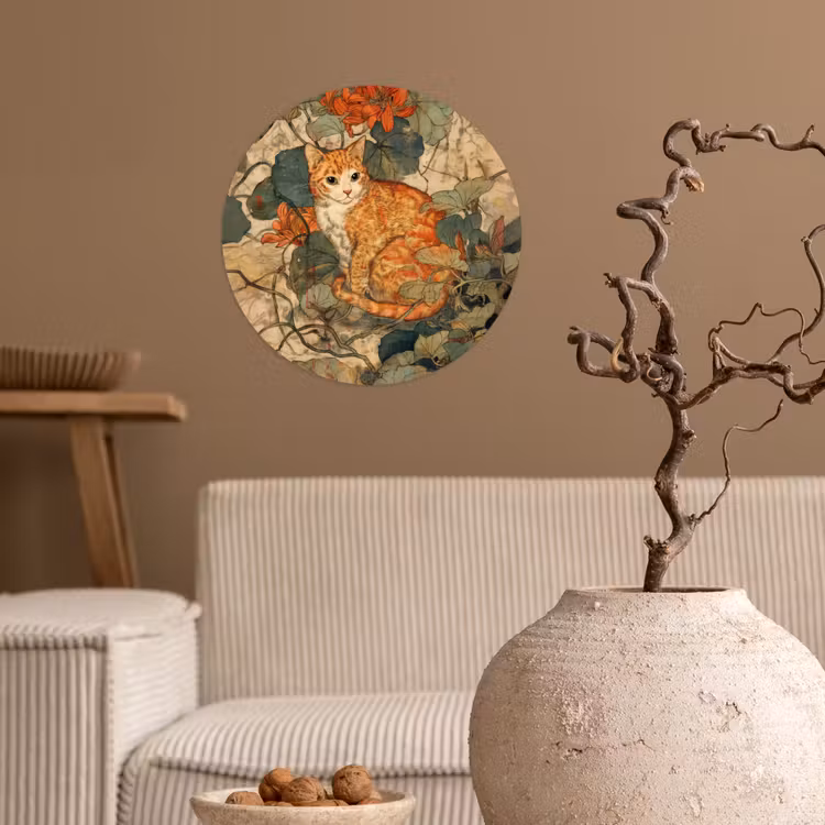 Kat - Sierlijk - Bloemen Wandcirkel behangsticker klein -sfeer1