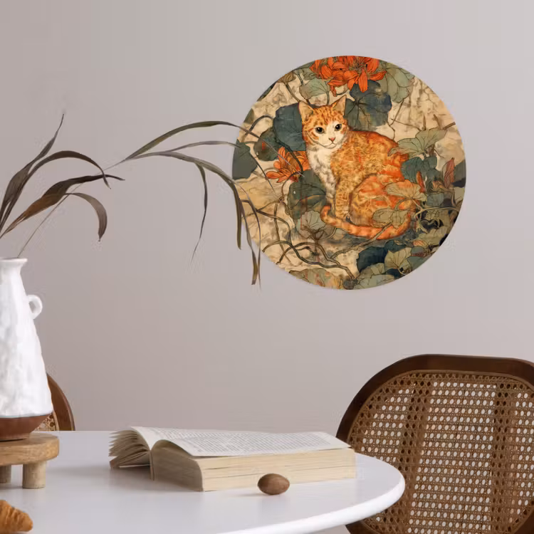 Kat - Sierlijk - Bloemen Wandcirkel behangsticker klein -sfeer3