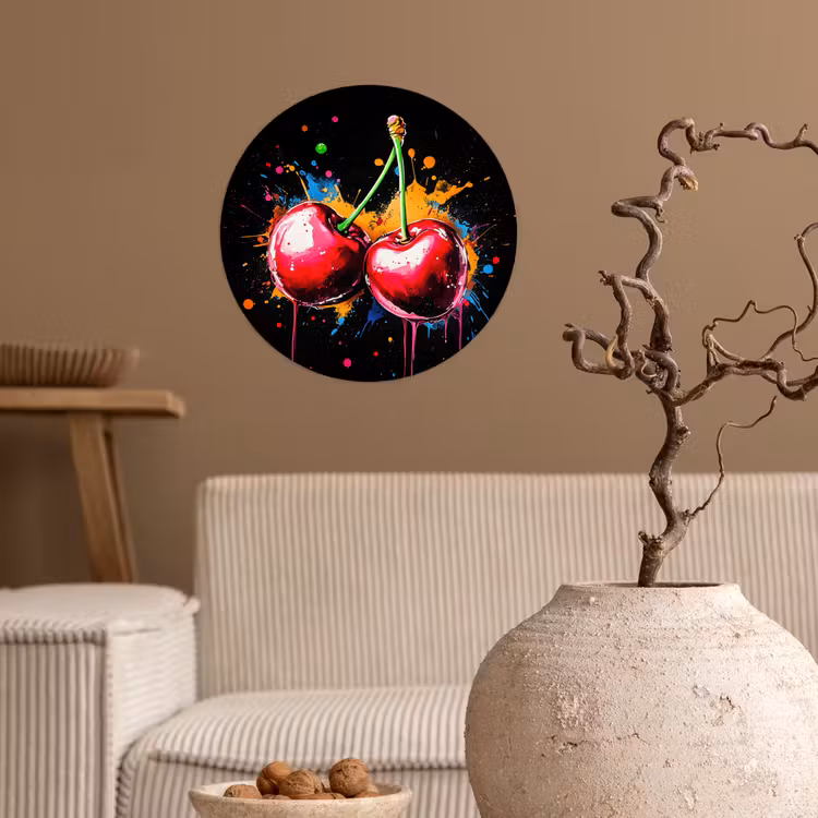 Kersen - Fruit - Graffiti - Verf - Abstract - Modern - Kleurrijk Wandcirkel behangsticker klein -sfeer1