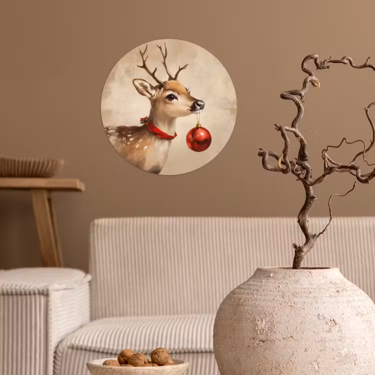 Kerst - Hert - Gewei - Kerstbal - Rendier Wandcirkel behangsticker klein -sfeer1