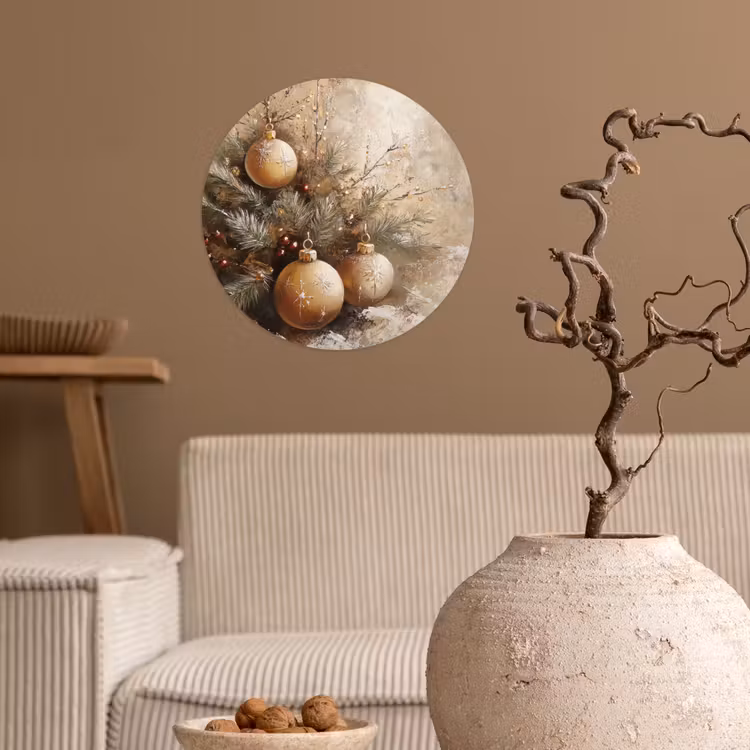 Kerst - Kerstballen - Beige - Goud Wandcirkel behangsticker klein -sfeer1