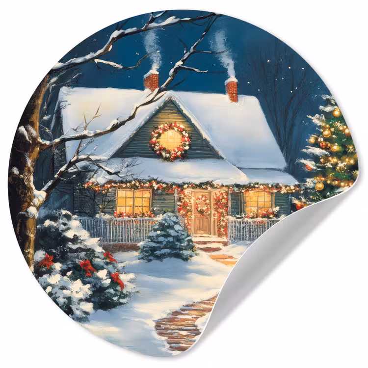 Kerst - Kerstboom - Winter - Huis - Sneeuw Wandcirkel behangsticker klein -3d
