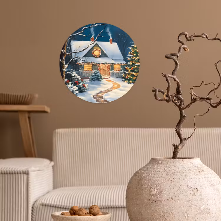 Kerst - Kerstboom - Winter - Huis - Sneeuw Wandcirkel behangsticker klein -sfeer1