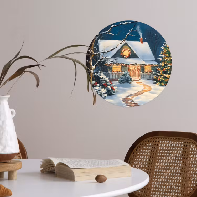 Kerst - Kerstboom - Winter - Huis - Sneeuw Wandcirkel behangsticker klein -sfeer3