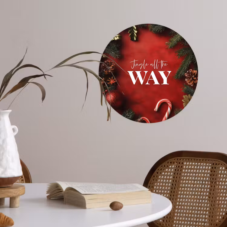 Kerst - Quote - Rood - Kerstballen Wandcirkel behangsticker klein -sfeer3