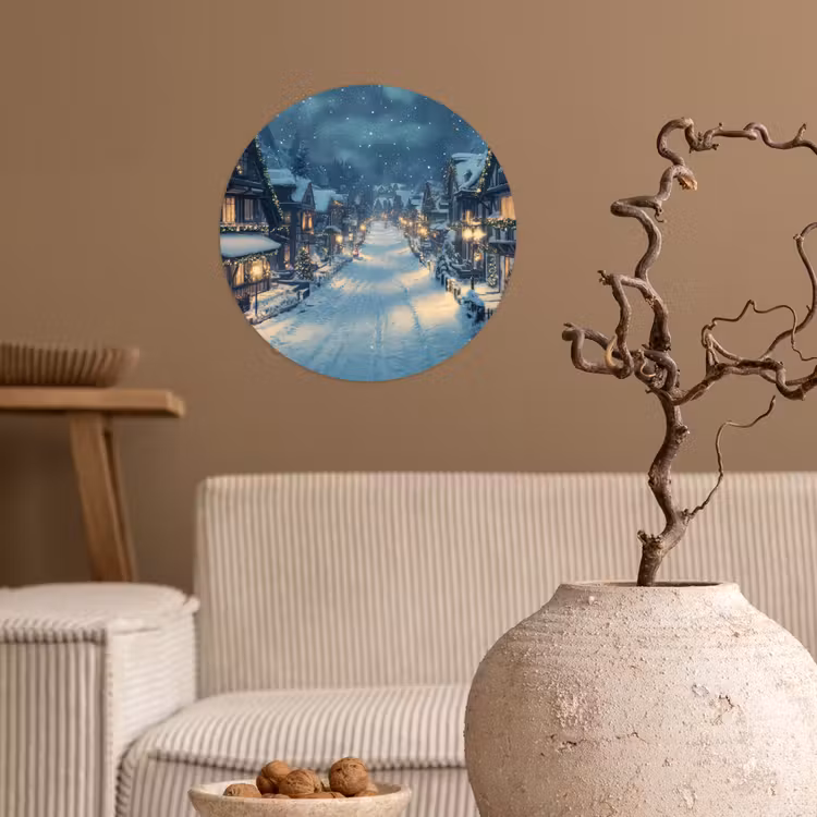 Kerstdorp - Kerst - Sneeuw - Winter Wandcirkel behangsticker klein -sfeer1