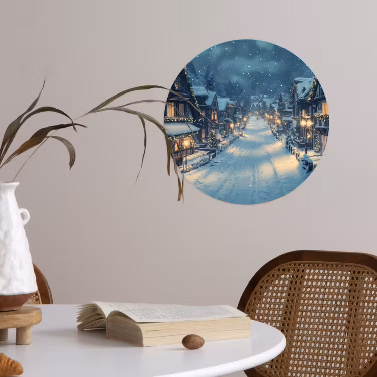 Kerstdorp - Kerst - Sneeuw - Winter Wandcirkel behangsticker klein -sfeer3