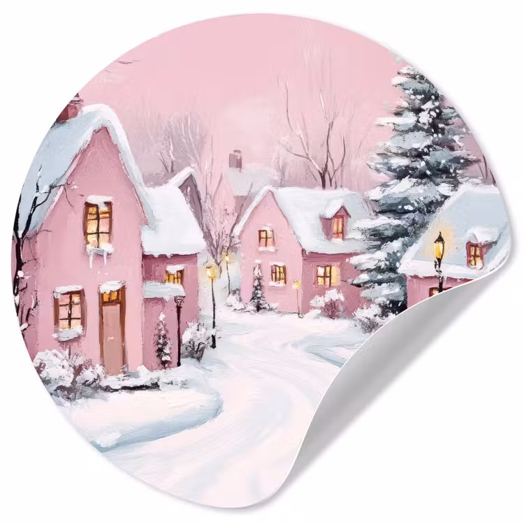 Kerstdorp - Roze - Winter - Sneeuw - Huizen Wandcirkel behangsticker klein -3d