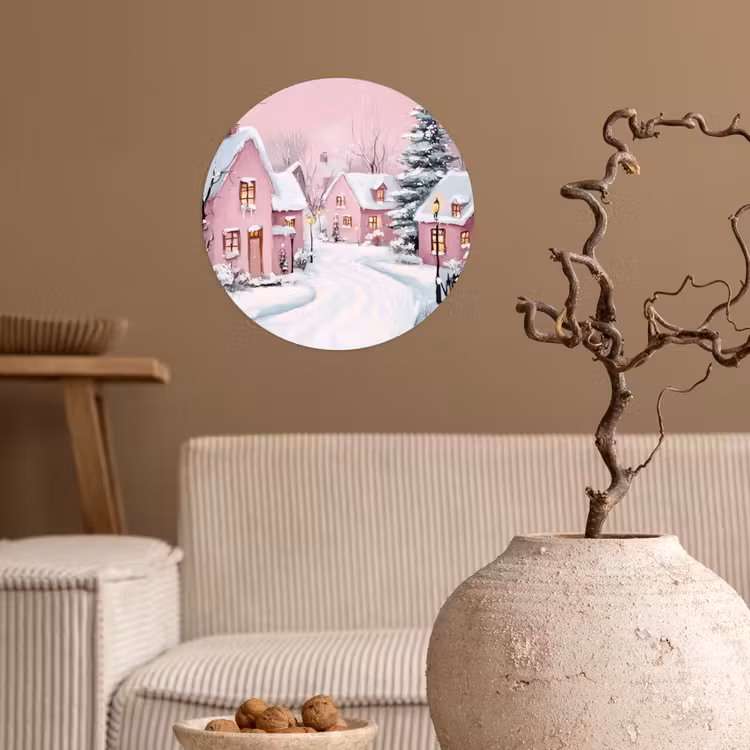 Kerstdorp - Roze - Winter - Sneeuw - Huizen Wandcirkel behangsticker klein -sfeer1