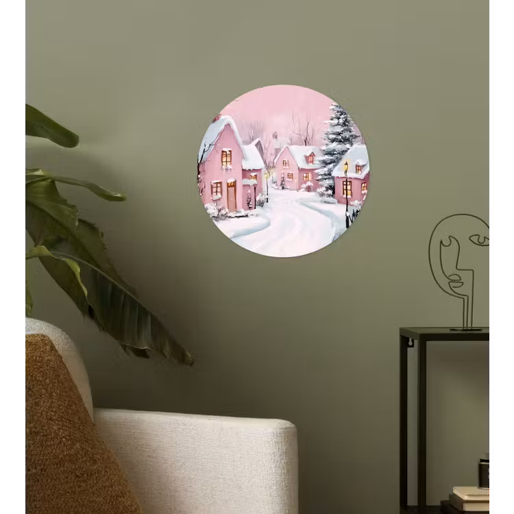 Kerstdorp - Roze - Winter - Sneeuw - Huizen Wandcirkel behangsticker klein -sfeer2