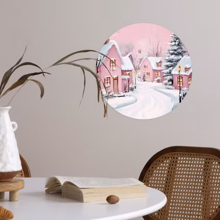 Kerstdorp - Roze - Winter - Sneeuw - Huizen Wandcirkel behangsticker klein -sfeer3