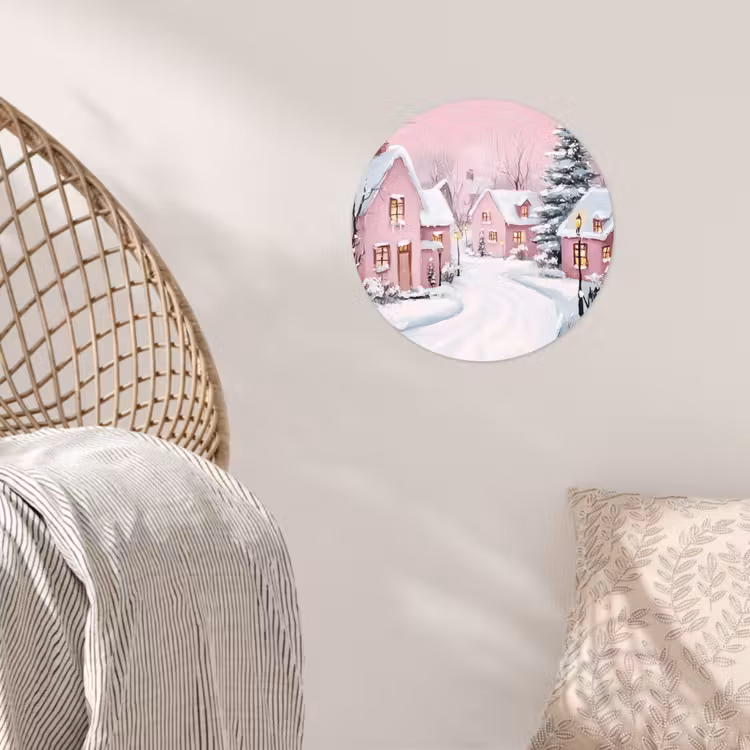 Kerstdorp - Roze - Winter - Sneeuw - Huizen Wandcirkel behangsticker klein -sfeer4