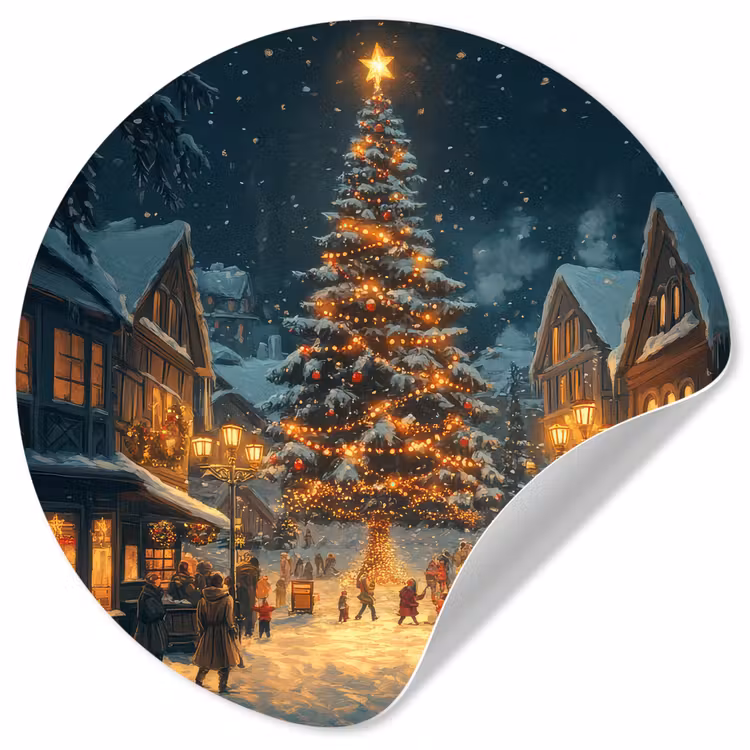 Kerstfeest - Dorp - Donker Wandcirkel behangsticker klein -3d