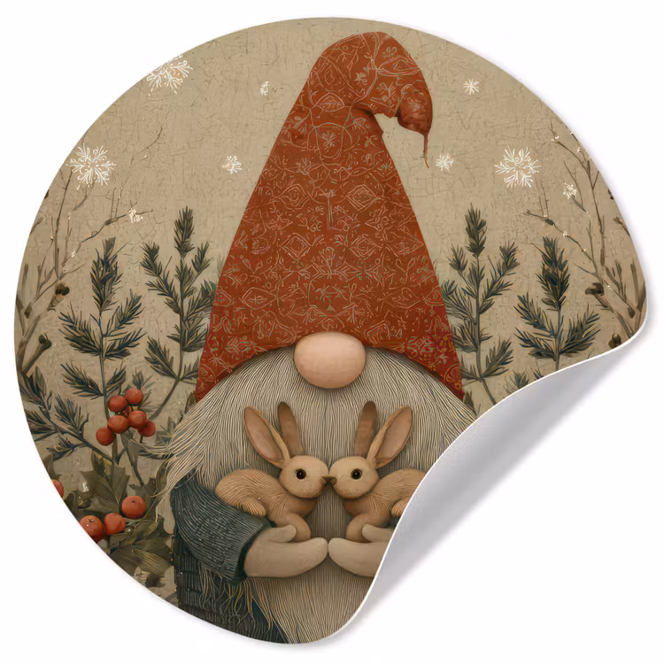 Kerstgnome - Konijntjes - Kleurrijk Wandcirkel behangsticker klein -3d