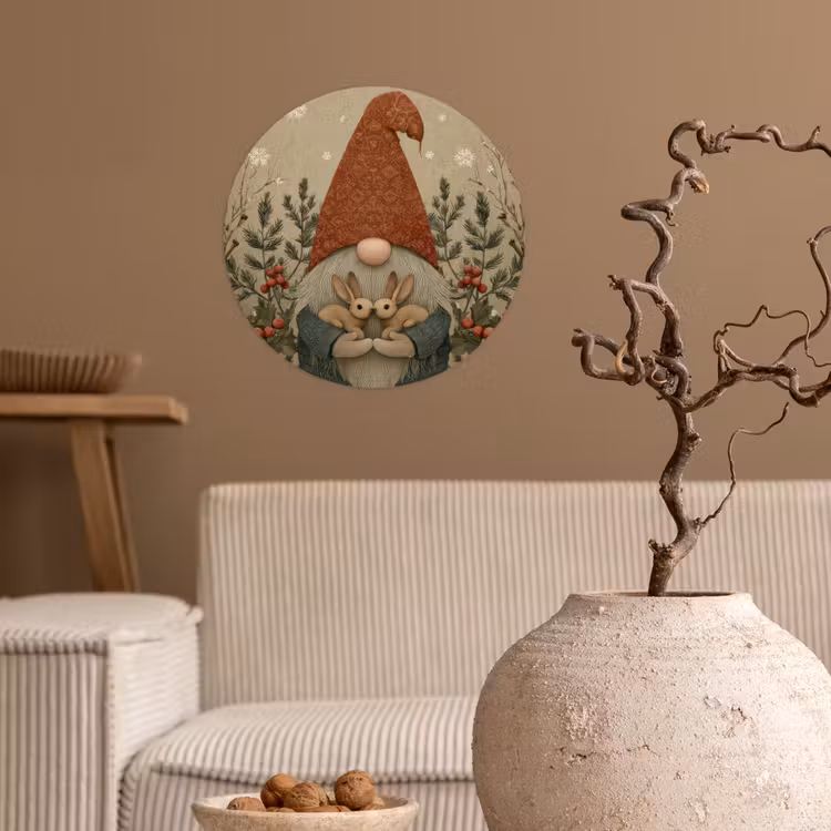 Kerstgnome - Konijntjes - Kleurrijk Wandcirkel behangsticker klein -sfeer1