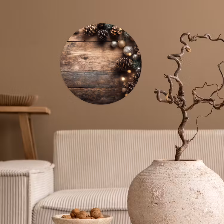 Kersthoekdecoratie - Dennenappels - Lichtjes Wandcirkel behangsticker klein -sfeer1