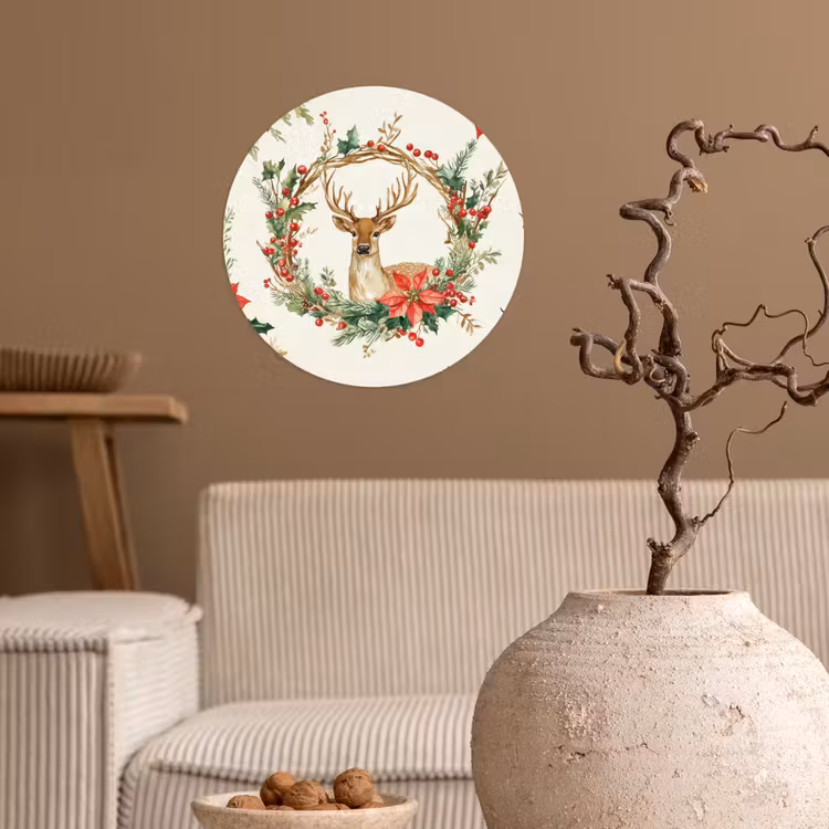 Kerstkrans - Hert - Hulst - Rood Wandcirkel behangsticker klein -sfeer1