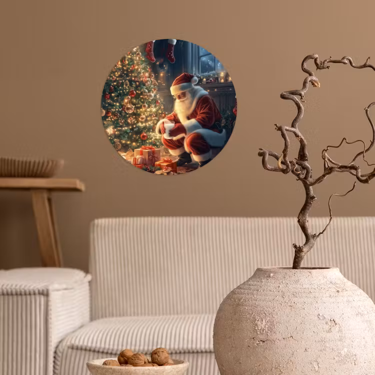 Kerstman - Haard - Donker Wandcirkel behangsticker klein -sfeer1
