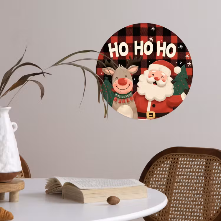 Kerstman - Rendier - Tekst - Rood - Zwart Wandcirkel behangsticker klein -sfeer3