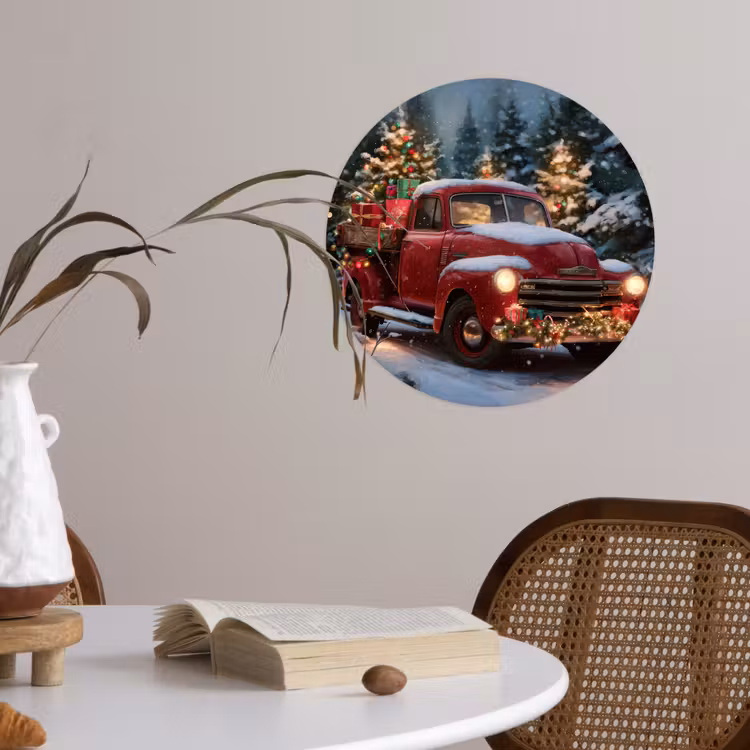 Kersttruck - Sneeuwbos - Rood Wandcirkel behangsticker klein -sfeer3