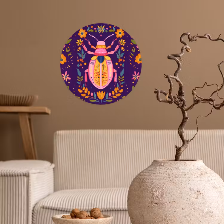 Kever - Felgekleurd - Bloemen - Bladeren Wandcirkel behangsticker klein -sfeer1
