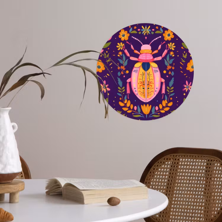 Kever - Felgekleurd - Bloemen - Bladeren Wandcirkel behangsticker klein -sfeer3