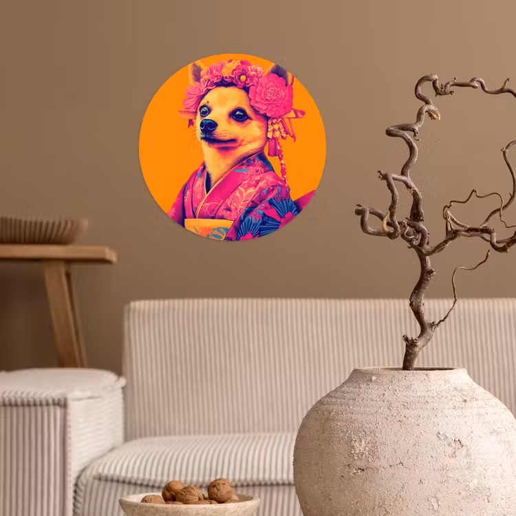 Kimono - Hondje - Bloemenkroon - Oranje Wandcirkel behangsticker klein -sfeer1